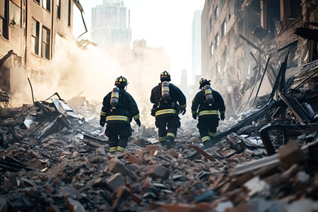 Three firefighters walking through debris and rubble, assessing the damage after a devastating urban fire, smoke still rising in the backgroundの写真素材