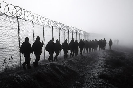 Soldiers are patrolling along a barbed wire fence in a foggy landscape, creating a dramatic and...