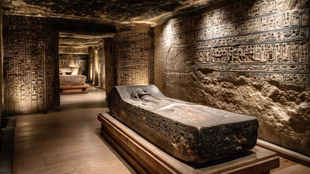 Ancient egyptian sarcophagus displayed in a tomb with hieroglyphics covering the walls, creating an atmosphere of historical significance and wonderの写真素材