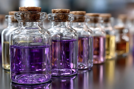 Small glass bottles with cork caps containing colorful chemical liquids are lined up on a laboratory...