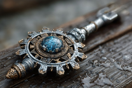 Intricate steampunk-style key, featuring a large circular head with a central blue gem, sits on a wet wooden surface, possibly hinting at a hidden treasure or a portal to another worldの写真素材