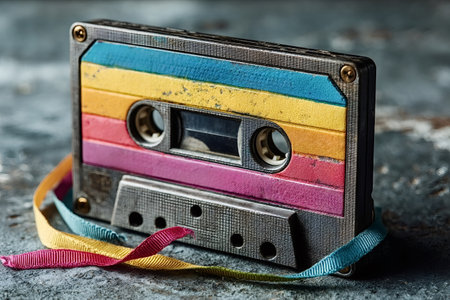 Old-fashioned audio cassette, decorated with vibrant stripes of paint and colorful ribbons, resting on a textured surface, evokes nostalgia for retro music technologyの写真素材