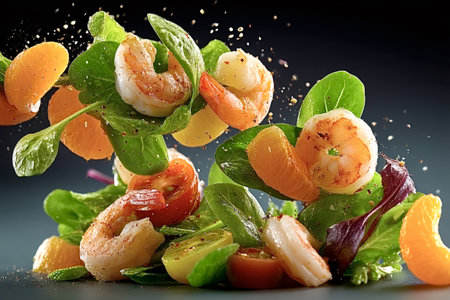 Salad ingredients such as shrimp, tomatoes, mandarin oranges, and spinach leaves are exploding upwards with spices, creating a dynamic and appetizing visualの素材
