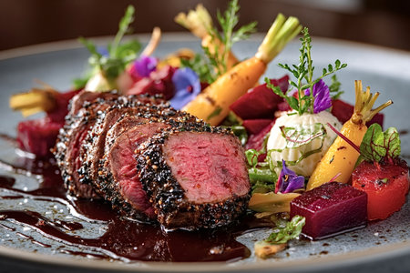 Slices of juicy, pepper-crusted beef tenderloin are served with colorful roasted root vegetables, a dollop of creamy sauce, and garnished with fresh herbs and edible flowersの素材