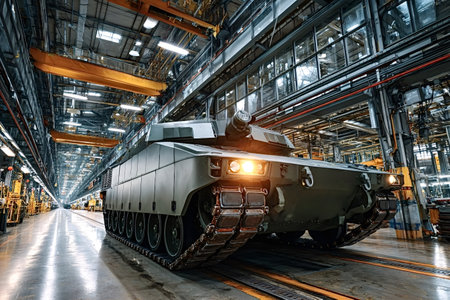 Modern, powerful military tank driving along the production line in a large, brightly lit factory,...