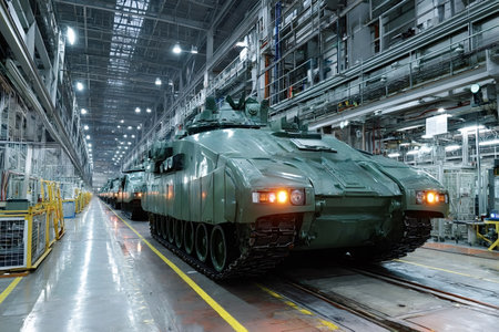Rows of new, advanced military tanks are leaving the production line in a brightly lit, modern...