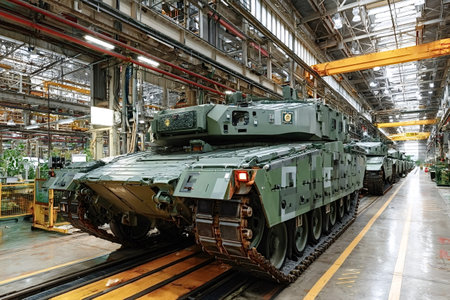 Brand new military tanks stand in an industrial assembly line inside a large factory, showcasing...