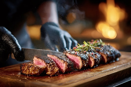 Chef wearing black gloves slicing perfectly cooked grilled steak on wooden cutting board, with flames visible in background, creating a visually appealing culinary sceneの素材