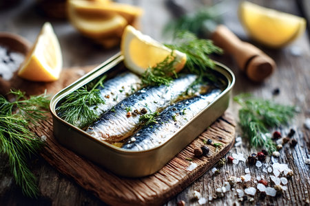 Fresh sardines neatly arranged in a tin, garnished with lemon wedges and dill sprigs. Coarse salt and peppercorns scattered on a rustic wooden surface enhance the culinary presentationの素材