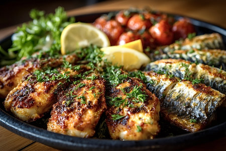 Sizzling grilled fish fillets seasoned with herbs and spices are served alongside roasted cherry tomatoes, lemon wedges, and a fresh salad, creating a healthy and flavorful mealの素材
