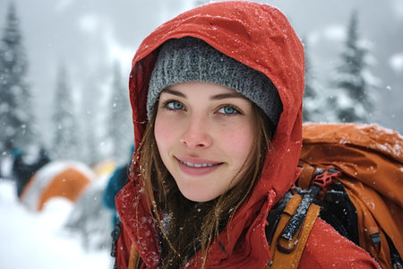 Young woman hiker, wearing a vibrant red jacket and carrying a backpack, smiling joyfully while experiencing the breathtaking beauty of a snowy mountain landscape during a winter adventureの素材