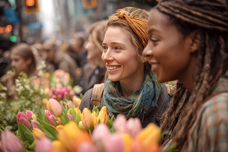 Two happy young women are buying colorful tulips at a flower market in a crowded city street, enjoying the urban atmosphere and vibrant colorsの素材