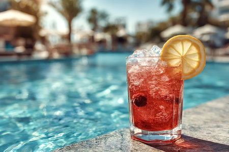 Vibrant red cocktail, adorned with a lemon slice and ice cubes, sits by a sparkling blue pool, offering a refreshing escape on a sunny dayの写真素材