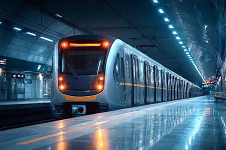 Modern subway train arriving at a brightly lit underground station, showcasing urban transportation...