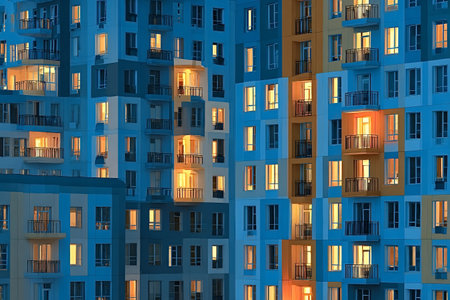 Warm lights shining from windows and balconies of modern residential buildings create a cozy atmosphere at dusk, showcasing urban lifestyle and community livingの写真素材