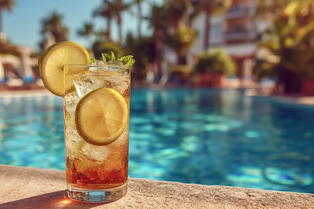 Ice cubes, lime slices, and mint sprigs enhance a refreshing cocktail placed poolside at a luxurious...