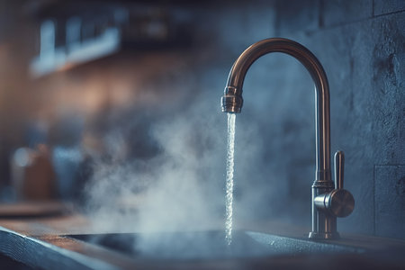 Steaming hot water is pouring from a modern faucet in a kitchen, creating a cloud of steam and highlighting the importance of hot water in daily lifeの写真素材