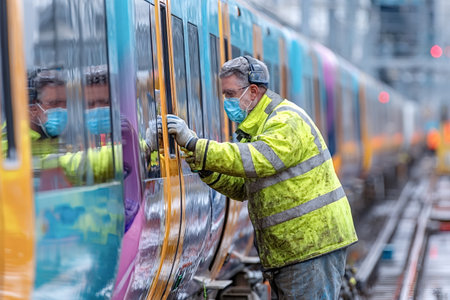 Railway worker wearing a face mask and ear protectors, and a dirty high-visibility jacket, checking...