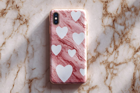 Pink marble patterned phone case decorated with white hearts lying flat on a marble surface, representing love, romance, and valentine's dayの写真素材