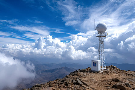 White weather station standing on rocky mountain peak, monitoring atmospheric conditions under...