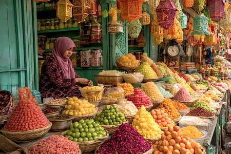 Muslim woman wearing a hijab manages her stall filled with colorful piles of candied and dried...