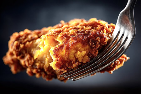 Metal fork grasping a crispy, golden-brown piece of fried breaded chicken against a dark background, enticing food lovers with its delicious, juicy appeal for any mealの素材