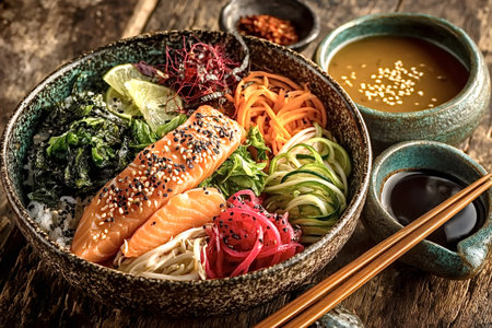 Fresh and healthy Hawaiian salmon poke bowl with rice, vegetables, and sesame seeds, served with lime wedges and sauces on a rustic wooden table, offering a vibrant and nutritious mealの素材