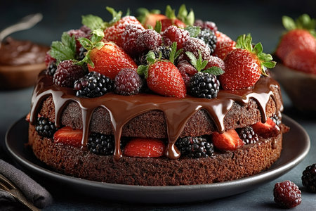 Chocolate cake dripping with dark chocolate ganache and decorated with fresh strawberries, blackberries, raspberries, and mint leaves, creating a decadent and tempting dessertの写真素材