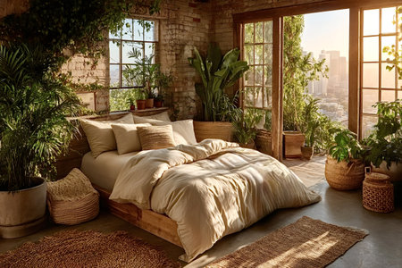 Sunlight is illuminating a cozy urban jungle bedroom with many plants and a view of the skyline, creating a serene and relaxing atmosphereの写真素材
