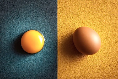 Showing a whole brown egg and an egg yolk on contrasting textured backgrounds, creating a visually appealing composition that highlights the different stages of an eggの写真素材