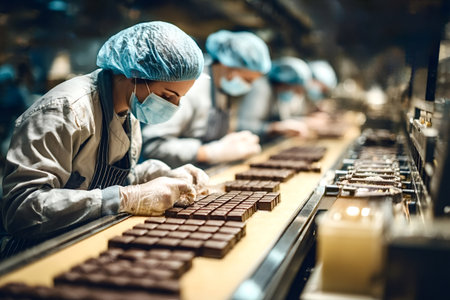 Confectionery factory workers, wearing hairnets, gloves, and face masks, are diligently arranging chocolate candies on a busy production line, ensuring quality and safety standards are metの素材