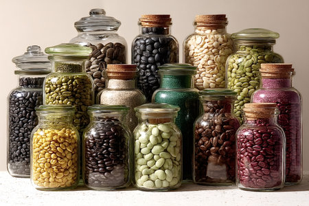 Glass jars with cork and glass lids displaying an assortment of colorful coffee beans, spices, and grains, creating a vibrant and textured culinary arrangementの素材