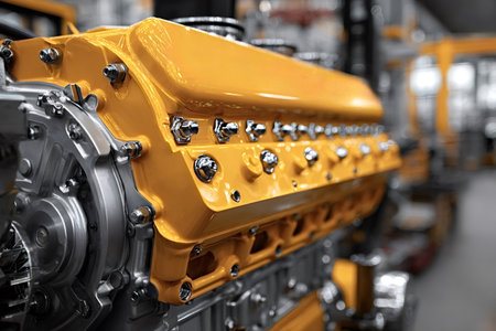 Shiny, powerful yellow industrial engine featuring chrome nuts and bolts, waiting for installation in a spacious industrial facility, ready to enhance manufacturing capabilitiesの素材