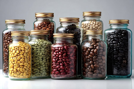 Nine glass jars with gold lids, filled with colorful coffee beans representing various stages of processing from raw green to roasted dark, resting on a white surface against a gray backdropの素材
