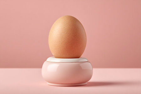 Chicken egg resting upright in a pink egg cup against a soft pink background, creating a serene and minimalist breakfast scene that emphasizes simplicity and eleganceの素材