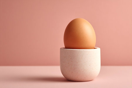 Single brown chicken egg standing upright in modern speckled ceramic egg cup on pink background with copy space, simple minimalist breakfast arrangementの素材