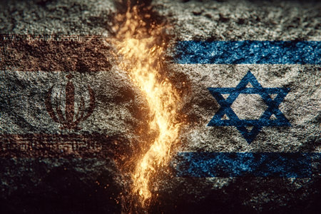 Flames rising from a crack in a stone wall, dividing Iranian and Israeli flags, powerfully illustrating the ongoing conflict and tensions between the two nationsの素材