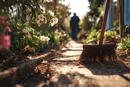 Old, worn broom sweeping a stone path through a vibrant flower garden on a sunny spring day, with a gardener walking away at the end of the picturesque walkwayの素材