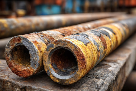 Rusty industrial pipes are lying on a wooden beam, showing heavy corrosion and decay, highlighting the effects of time and exposure to the elements in an industrial settingの素材