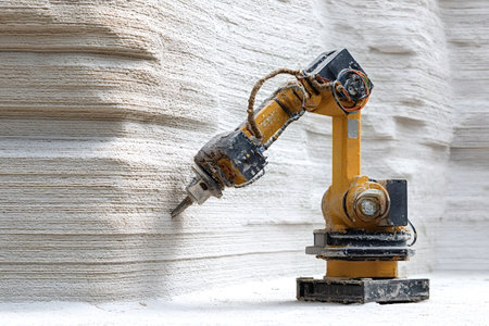 Robotic arm meticulously 3d prints a concrete wall, showing the cutting edge technology transforming modern construction and demonstrating the potential of automation in the building industryの素材