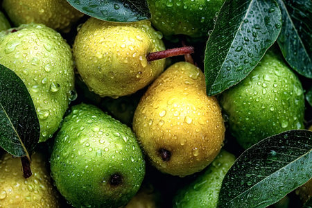 Ripe, juicy pears glistening with fresh water droplets create a vibrant display of nature's bounty,...