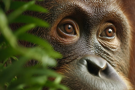 Close up of a Bornan orangutan partially obscured by foliage, highlighting its expressive eyes and...