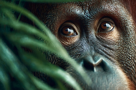 Close up of a bornean orangutan partially hidden by lush tropical vegetation, creating a sense of...