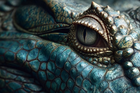 Extreme close up of a crocodile's eye, showing the intricate details of its scales and the intensity of its gaze, creating a captivating and slightly unnerving image of this powerful predatorの写真素材