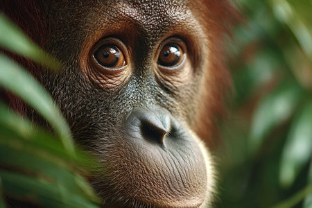 Close up portrait of a Bornan orangutan partially obscured by jungle foliage, its expressive eyes conveying a sense of vulnerability and connection with the viewerの写真素材
