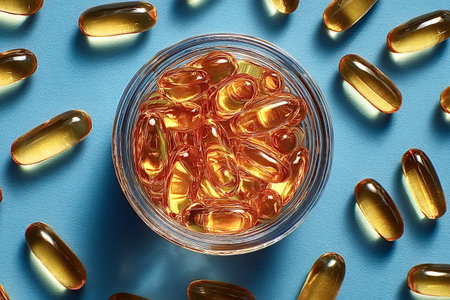 Multiple golden fish oil capsules are contained in a small glass bowl, with additional capsules arranged around the bowl on a vibrant blue surface, creating a visually appealing compositionの写真素材