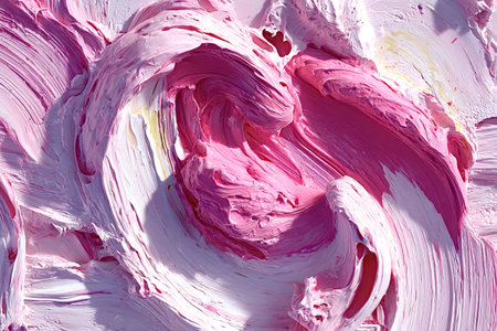 Thick strokes of pink and white oil paint create a dynamic abstract composition, swirling and...