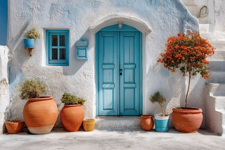 Sunlight illuminates a charming whitewashed Greek house, featuring a vibrant blue door, window, and terracotta pots overflowing with greenery, showing the beauty of traditional architectureの写真素材