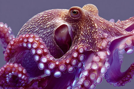 Purple octopus is showing its tentacles with suction cups on a purple background, creating a mesmerizing and detailed view of this intelligent cephalopodの写真素材