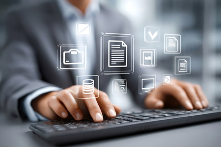 Businessman is using virtual keyboard and data management system to organize and process digital...